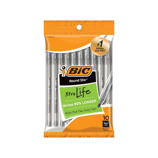 10 BIC Round Stic Xtra Life Black Ballpoint Pens