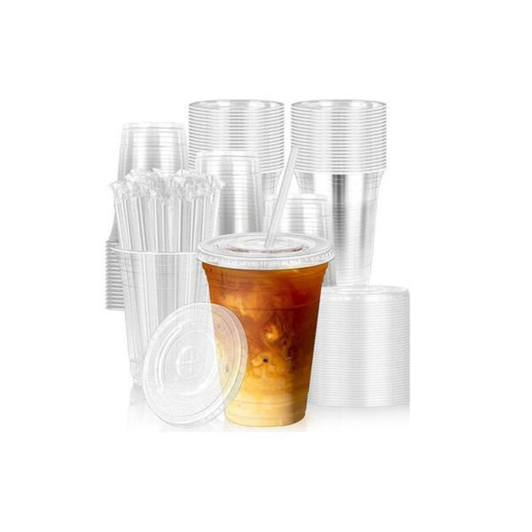 100 Pack 16 oz Disposable Plastic Cups with Lids & Straws