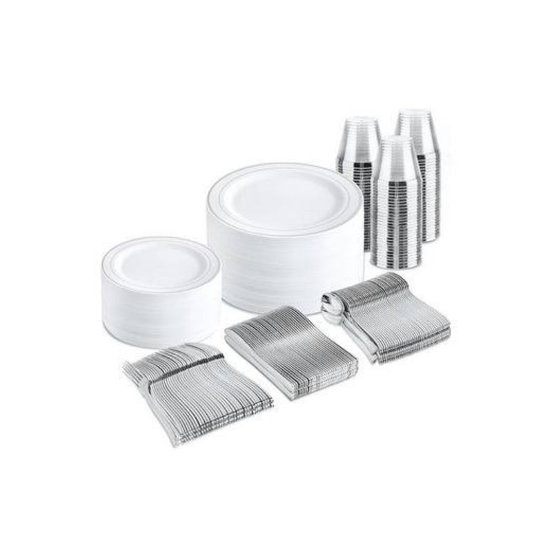 300-Pc Silver Disposable Plastic Dinnerware Set