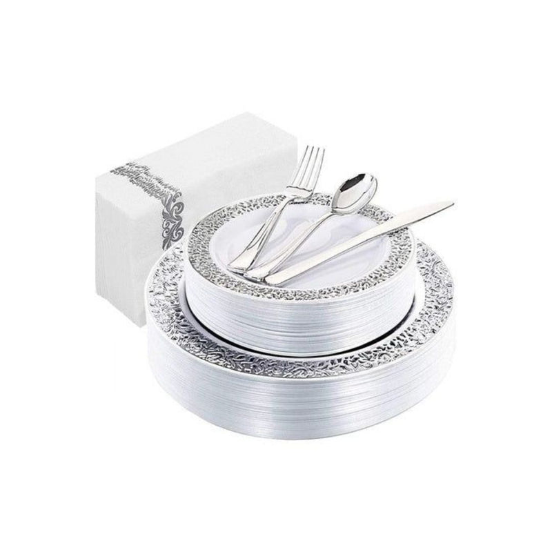 150 Piece Disposable Silver Plates and Napkins Dinnerware Set