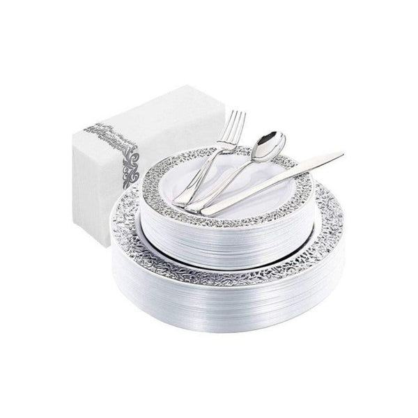 150 Piece Disposable Silver Plates and Napkins Dinnerware Set