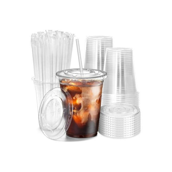 100 Pack 16 oz Plastic Coffee Cups with Lids and Straws