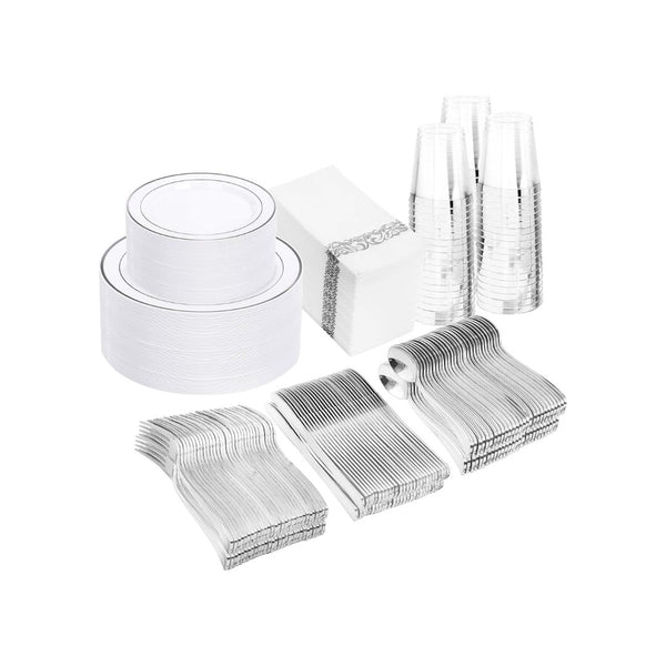 WDF 350 Pcs Silver Plastic Disposable Dinnerware Set