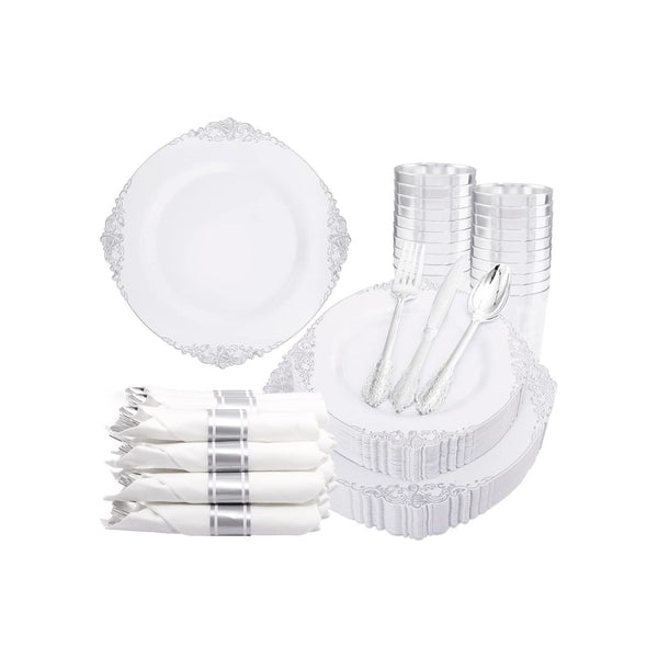 350 Pcs Plastic Dinnerware Set with Pre Rolled Napkins and Cutlery