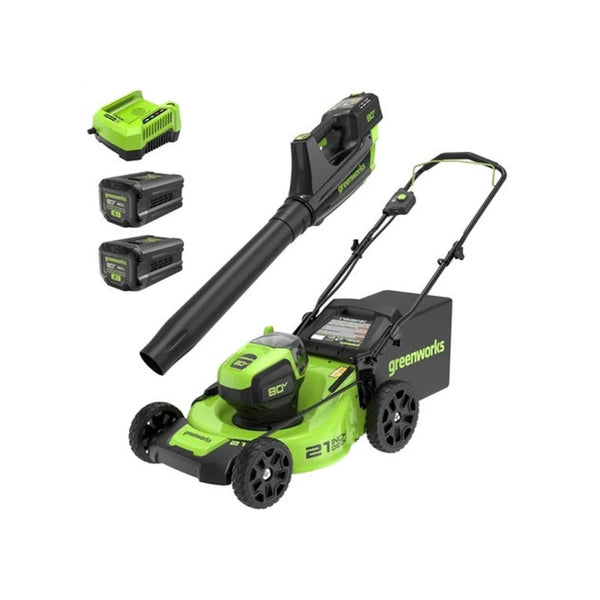 Greenworks Lawn Mower + Leaf Blower and 2 Batteries