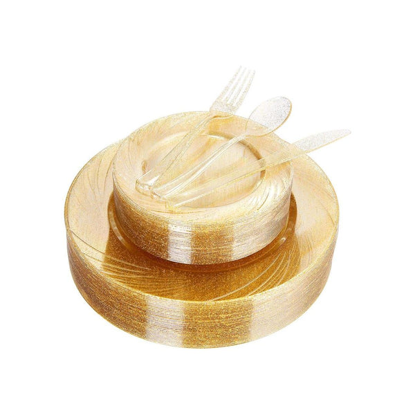WDF 200 Pcs Gold Glitter Disposable Plastic Dinnerware Set