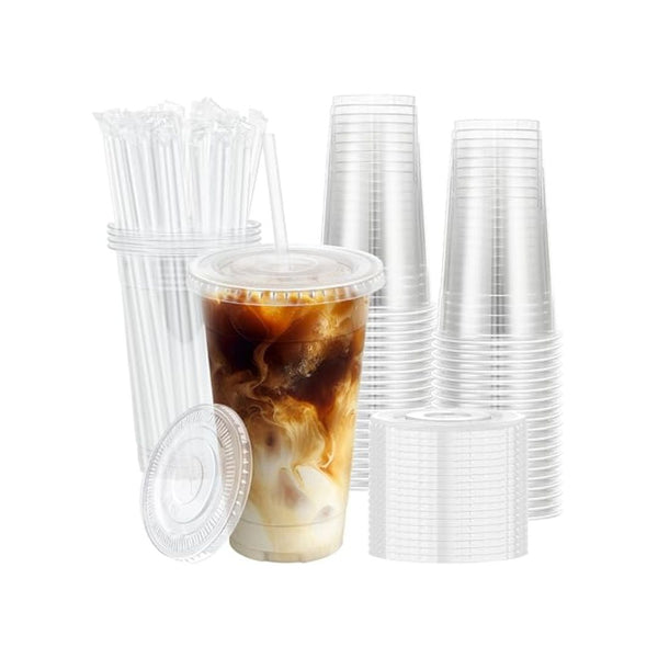 100 Pack 20oz Plastic Cups with Lids and Straws