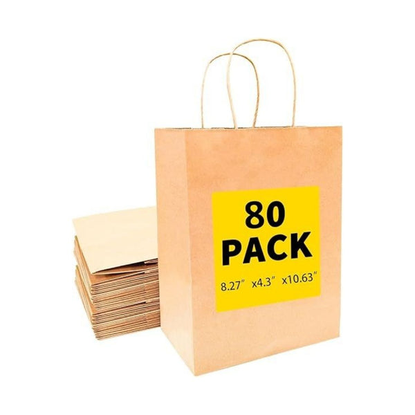 80 Pack Kraft Paper Bags with Handles Bulk