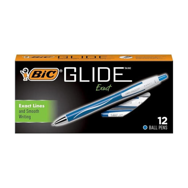 12 BIC Glide Exact Blue Retractable Ballpoint Pens