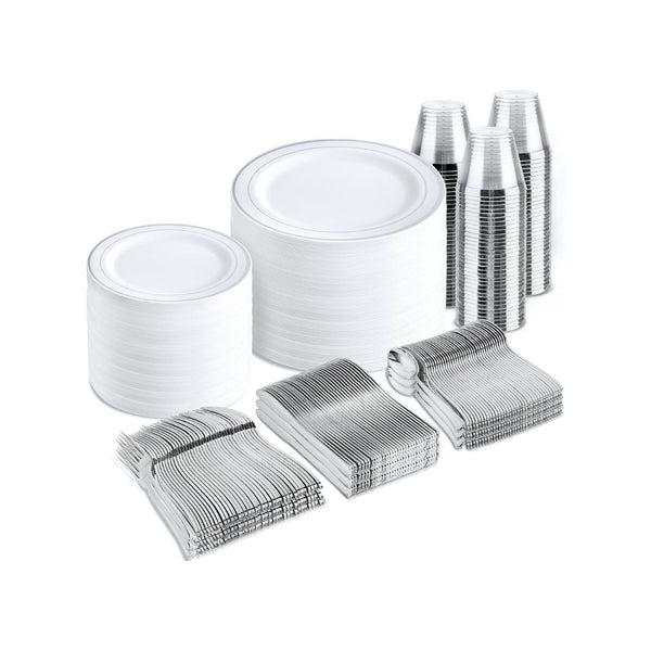 600-Pcs Silver Plastic Dinnerware Set
