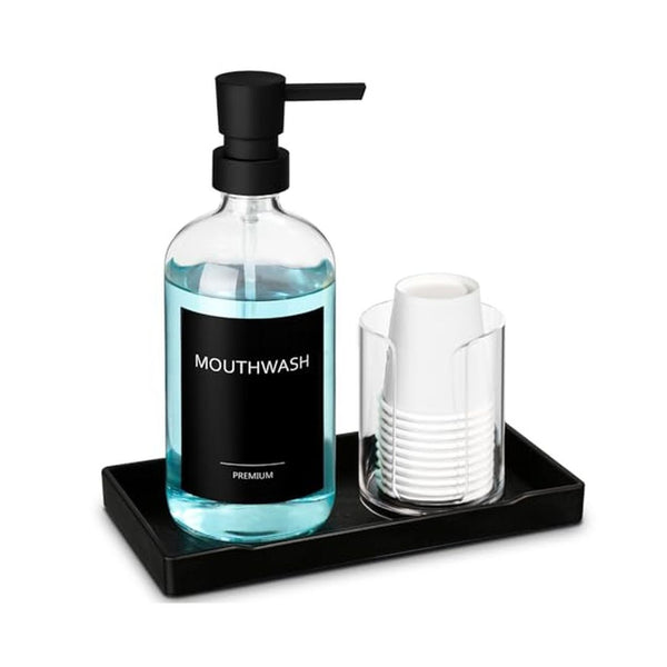 17oz Glass Mouthwash Dispenser with Cup Holder Tray