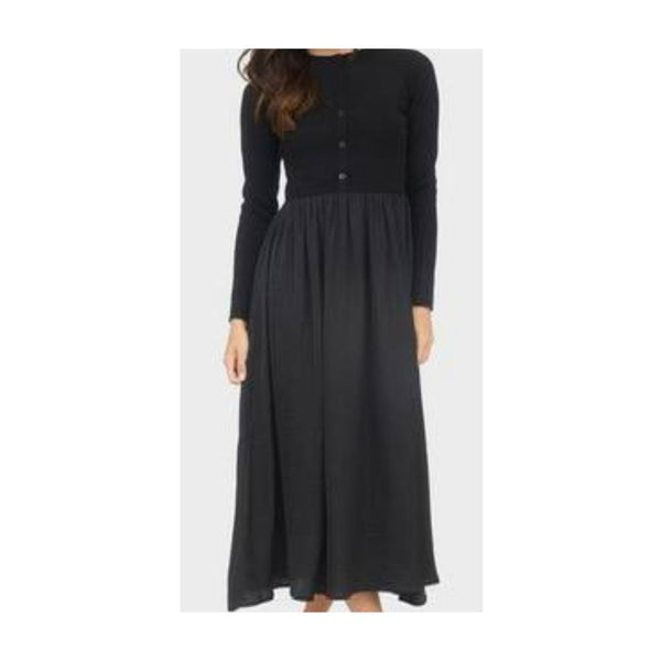 August Sky Women's Front Button Up Mixed Media Midi Dress