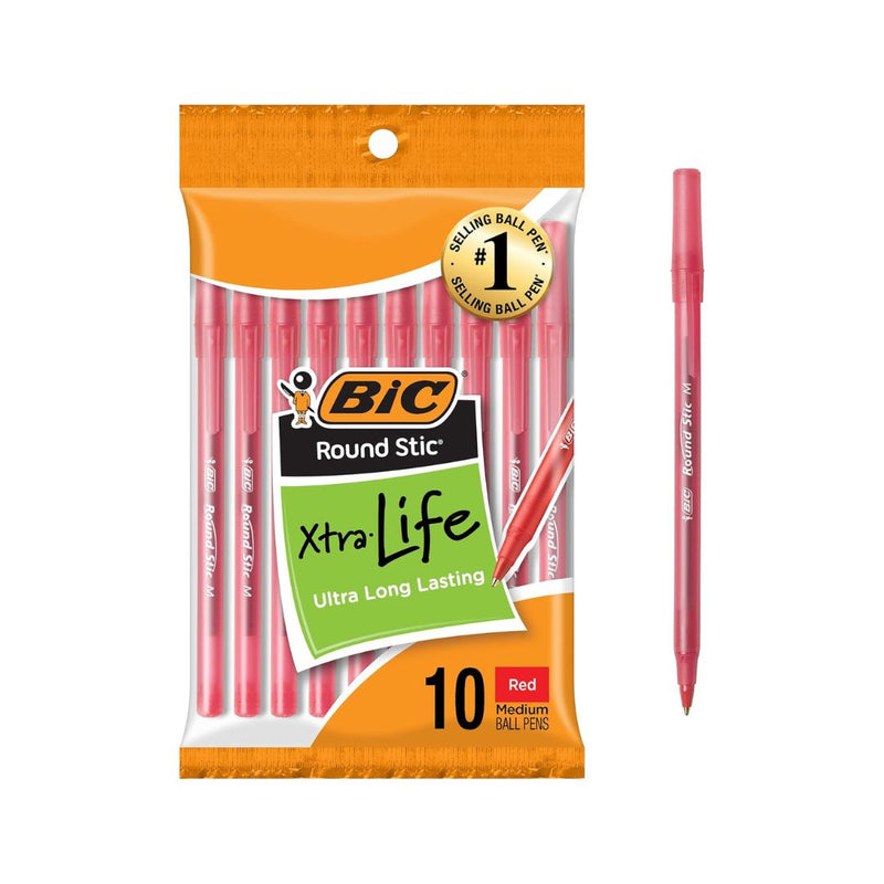 10 BIC Round Stic Xtra Life Red Ballpoint Pens