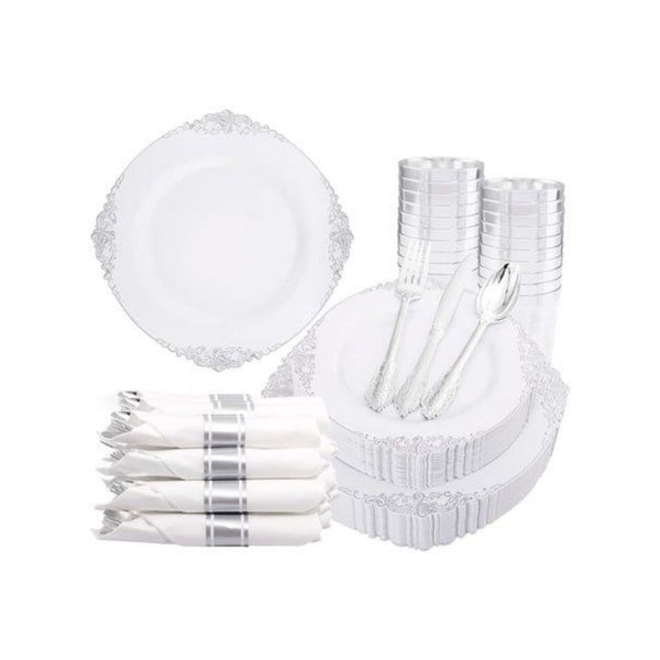 350 Piece Silver Plastic Plates & Pre Rolled Napkins