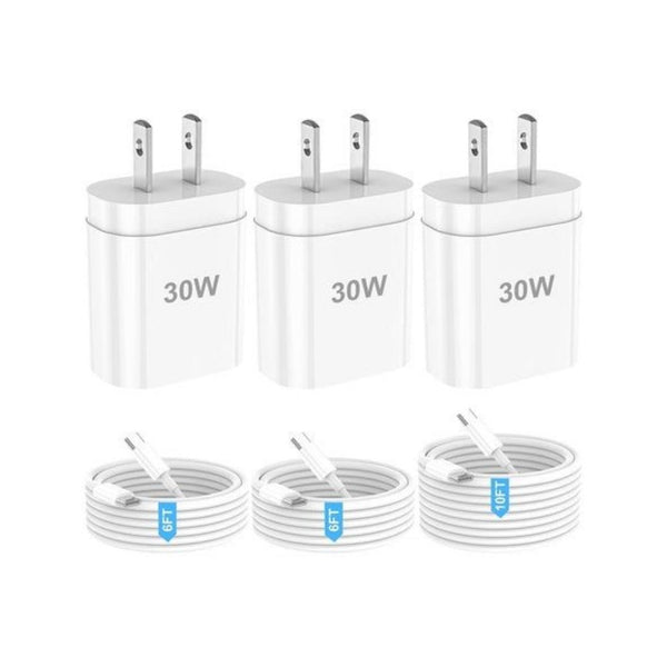 3 Pack 30W USB-C Wall Charger Blocks with 6ft & 10ft Cables