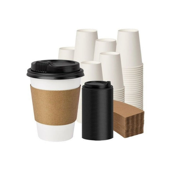 100 Pack 12oz Disposable Coffee Cups with Lids and Sleeves