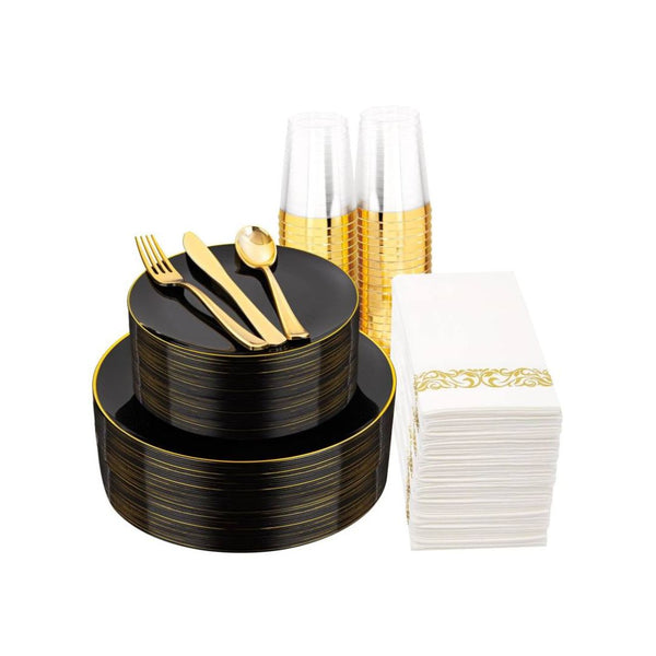 350-Pc Black & Gold Plastic Dinnerware Set