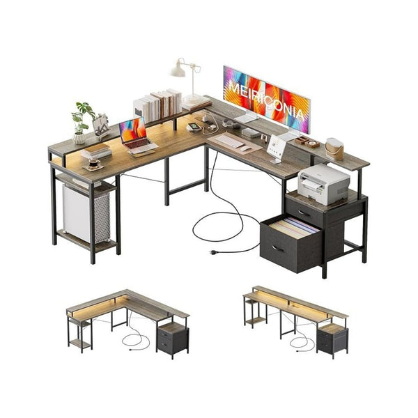 L-Shaped Computer Desk with RGB Lights and Storage (3 Colors)