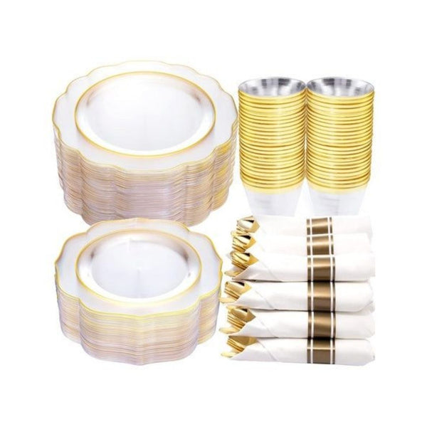 350-Piece Gold Dinnerware Set with Pre-Rolled Napkins