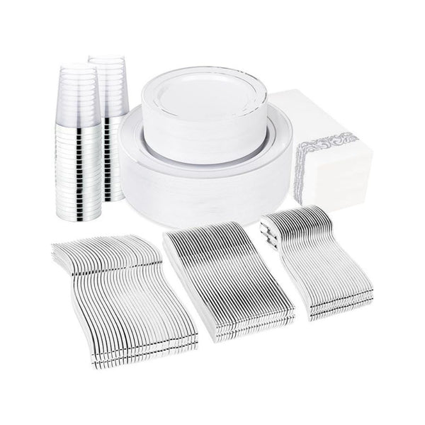 400-Pcs Silver Plastic Dinnerware Set