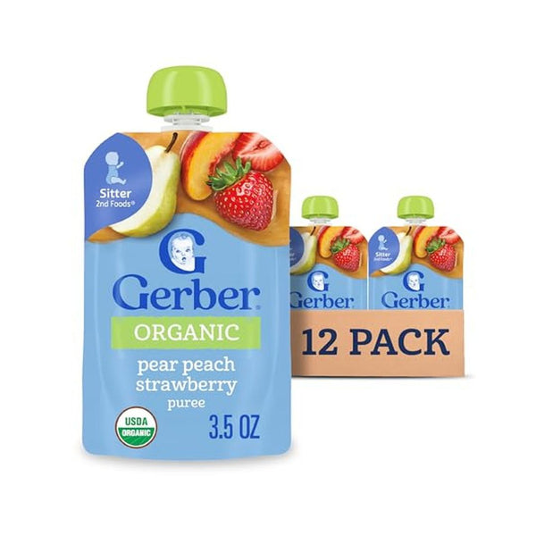12 Pack Gerber Organic Baby Food Pear Peach Strawberry