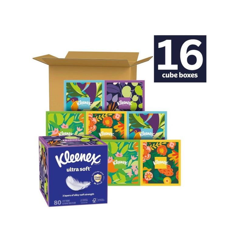 16 Boxes of 80 Count Kleenex Ultra Soft 3-Ply Facial Tissues