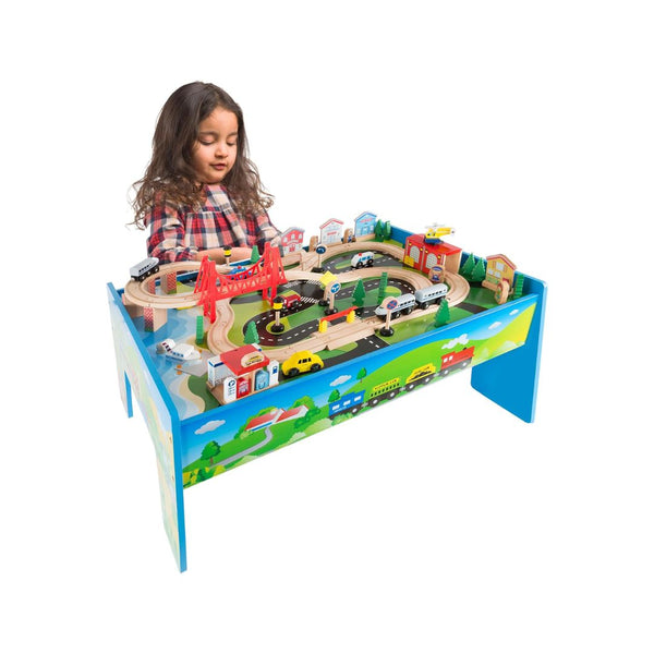 Hey! Play! Wooden Train Set Table with Tracks, Cars, Boats, and Accessories