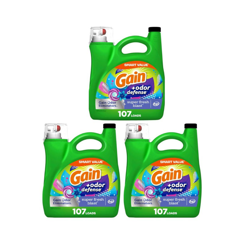 3 Bottles of Gain + Odor Defense Liquid Laundry Detergent