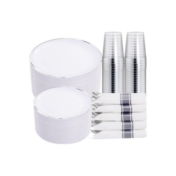 350 Piece Silver Plastic Dinnerware Set for 50 Guests