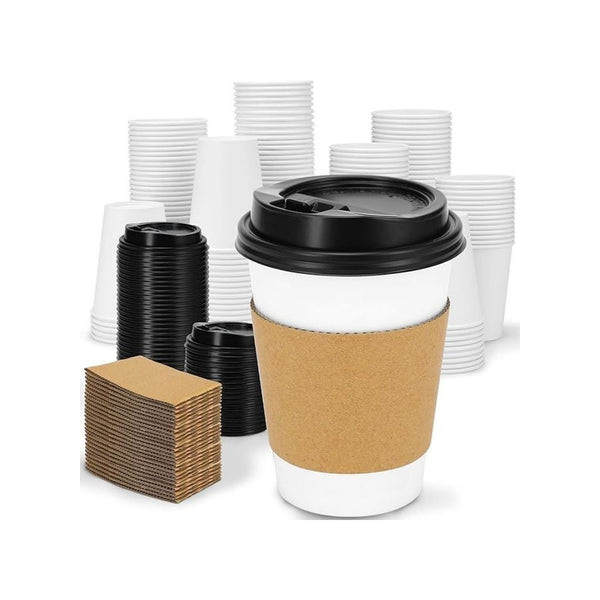 100 Pack 12 oz Disposable Coffee Cups with Lids and Sleeves