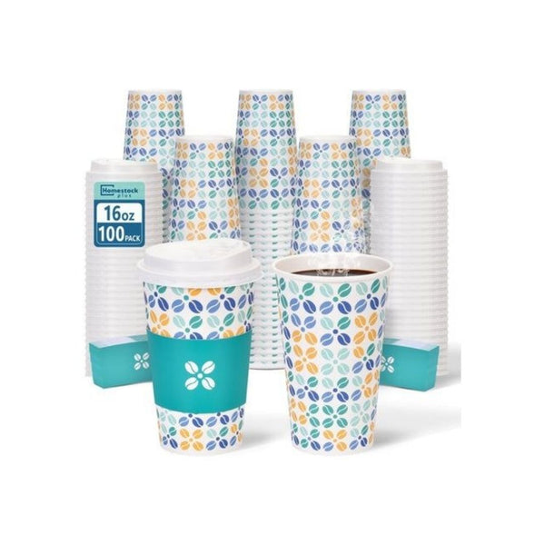 100-Pack 16 Oz Paper Coffee Cups with Lids & Sleeves