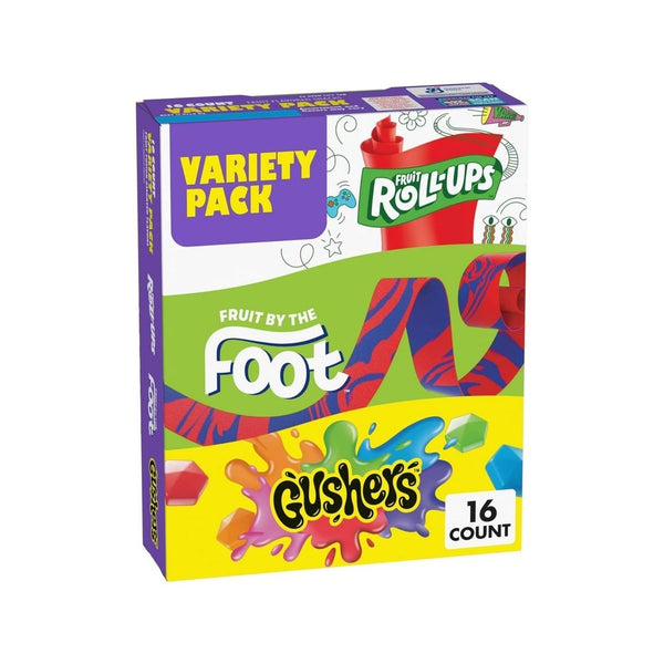 2 Packs of Fruit Roll-Ups, Fruit by the Foot, Gushers Variety Pack, 16 Ct