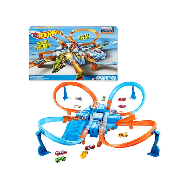 Hot Wheels Crash Track Set with 1:64 Scale Toy Car, 4 Intersections