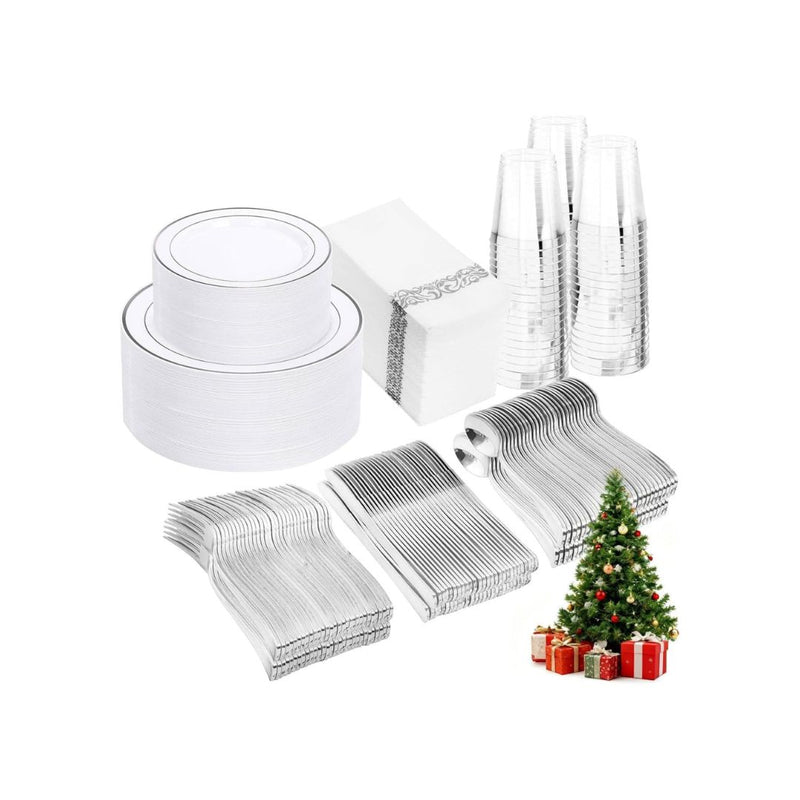350 Piece Silver Plastic Dinnerware Set