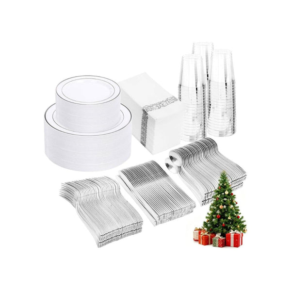 350 Piece Silver Plastic Dinnerware Set