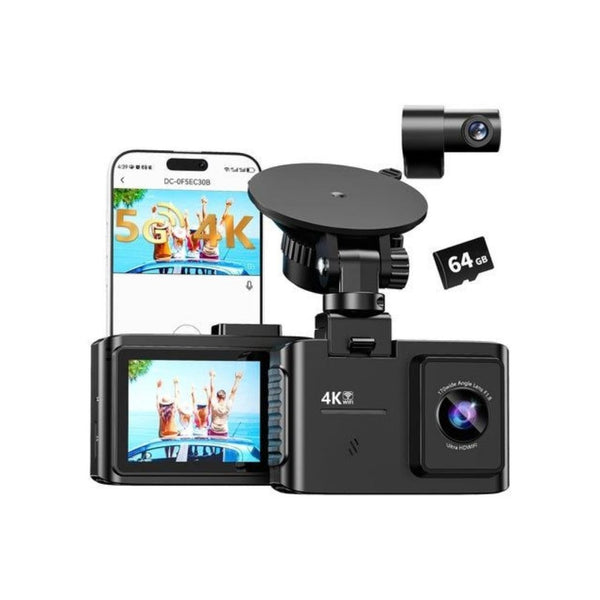 4K Dual Channel Dash Cam Front & Rear with WiFi & 64GB Card