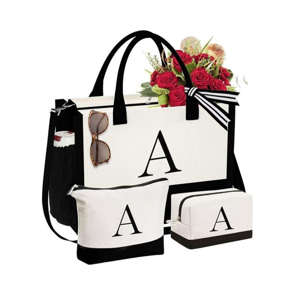 3-Pcs Initial Canvas Tote Bag & Makeup Bag
