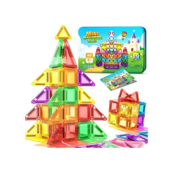 60 Piece Mini Magnetic Tiles Travel Set with Metal Tin Case