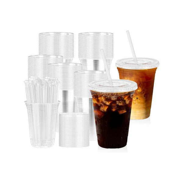 100-Pack 16 oz Clear Plastic Cups with Lids and Straw