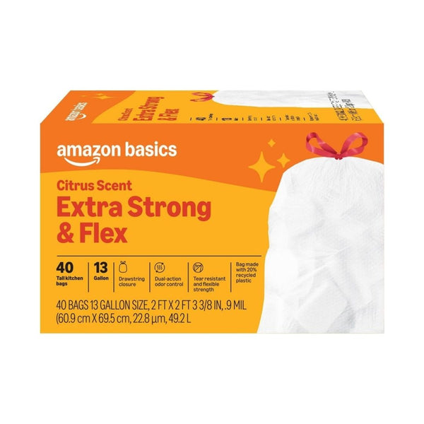 40-Count 13 Gallon Amazon Basics Drawstring Trash Bags