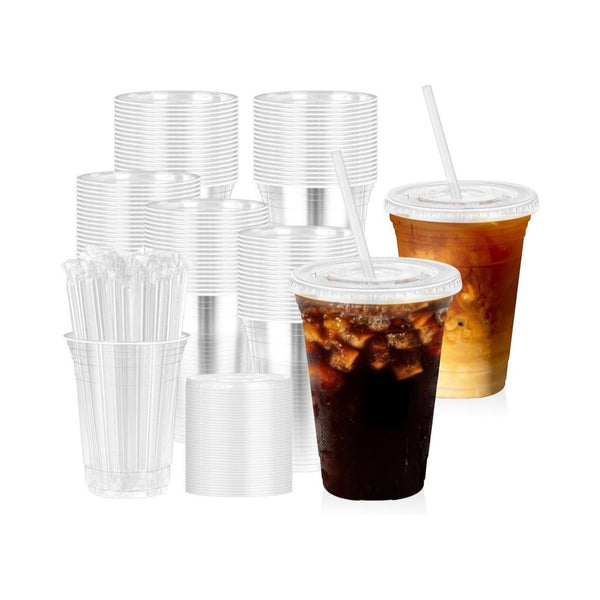 100-Pack 16 Oz Clear Plastic Cups with Lids and Straw