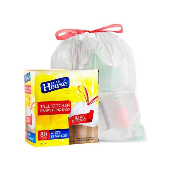 Pack of 80 13 Gallon Drawstring Plastic Garbage Bags