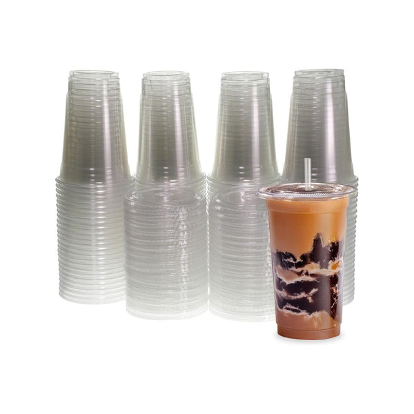 100-Pack Freshware Clear Plastic Cups with Flat Lids and Straws