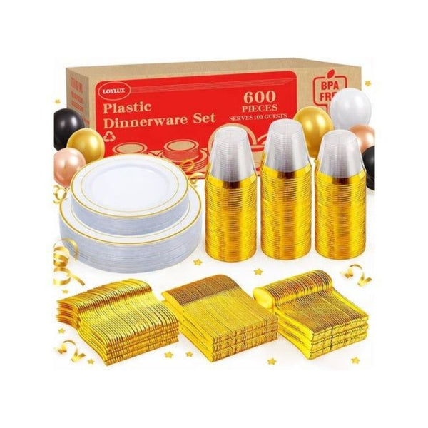 600 Piece Gold Disposable Dinnerware Set