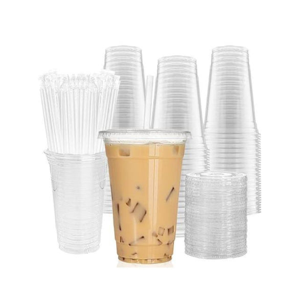 100-Pack 20oz Clear Plastic Cups with Lids and Straw