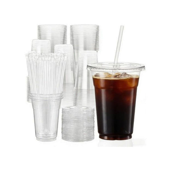 100 16oz Clear Plastic Cups with Lids & Straws