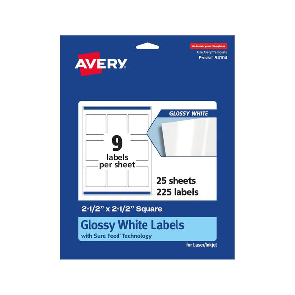 225 Avery Glossy 2.5″ x 2.5″ White Square Labels