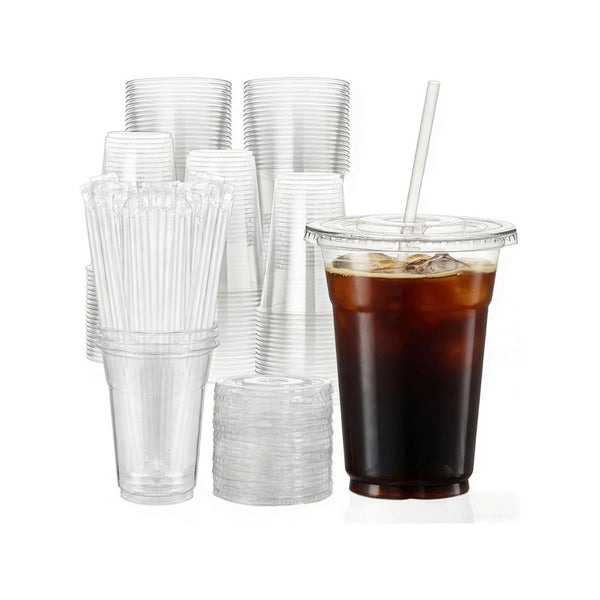 100 16oz Clear Plastic Cups with Lids and Straws