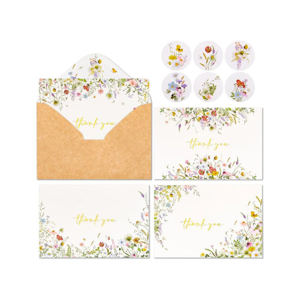 4 Assorted Gold Foil WildFlowers Thank You Cards, (50 Cards with Envelopes)