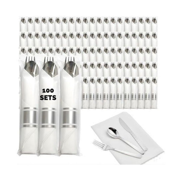 100 Pre-Rolled Plastic Silverware Sets with Napkins